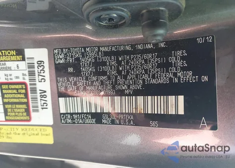 2013 Toyota Sienna Le V6 8 Passenger from USA, damaged, VIN 5TDKK3DC0DS301993